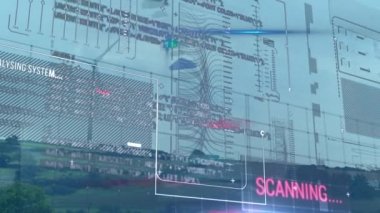 Rüzgar türbini üzerinde veri işleme animasyonu. Küresel iş ve dijital arayüz kavramı dijital olarak oluşturulmuş video.