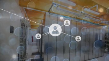 Animation of network of connections over server room. Global business and digital interface concept digitally generated video.
