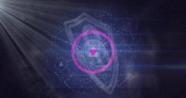 Asma kilit üzerindeki bağlantı ağının animasyonu. Küresel iş ve dijital arayüz kavramı dijital olarak oluşturulmuş video.