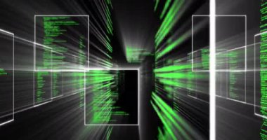 Karanlık arka planda bilimsel veri işleme animasyonu. Küresel bilim ve veri işleme kavramı dijital video oluşturuldu.