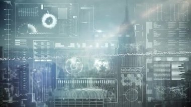 Hız göstergesi, çubuk grafik, programlama dili ve dairelerle ilgili bilgi arayüzü animasyonu. Dijital olarak üretilmiş, hologram, küreselleşme, rapor, finans, kodlama ve teknoloji kavramı.