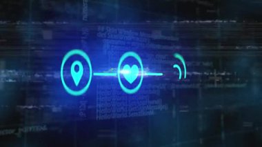 Ortam simgeleri üzerinde veri işleme animasyonu. Küresel iş ve dijital arayüz kavramı dijital olarak oluşturulmuş video.