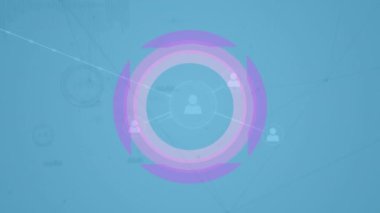 Mavi arkaplan üzerinde yuvarlak tarayıcı ve profil simgelerinin oluşturduğu ağın animasyonu. Bilgisayar arayüzü ve iş teknolojisi kavramı