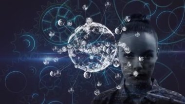 Kafkas kadınları üzerinde bağlantıları olan dünya animasyonları karanlık arka planda cirit atıyor. Küresel veri işleme ve bağlantı konsepti dijital video oluşturuldu.