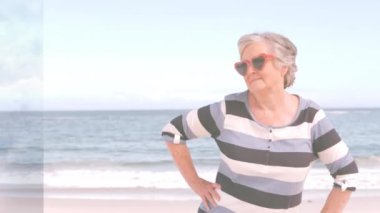 Sahilde bulutların üstünde yaşlı beyaz kadın animasyonu. Tatiller, boş zaman ve dijital arayüz kavramı dijital olarak oluşturulmuş video.