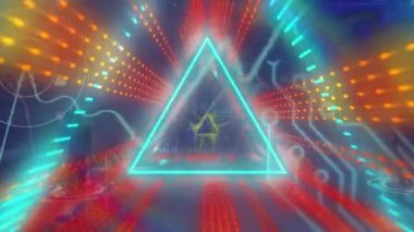 Dijital veri işleme ve dijital arayüz animasyonu ve mavi arkaplan üzerindeki ızgara. Küresel veri işleme kavramı dijital oluşturulmuş video.