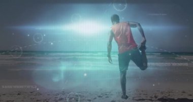 Afrika kökenli Amerikalı bir adamın egzersiz yapması üzerine bağlantı ağının animasyonu. Küresel spor ve dijital arayüz kavramı dijital olarak oluşturulmuş video.