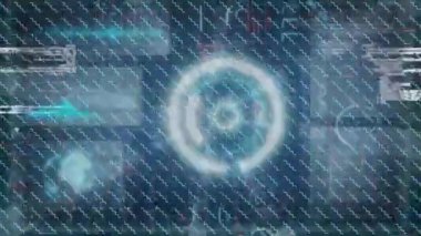 Dijital veri işleme ve dijital arayüz animasyonu ve mavi arkaplan üzerindeki ızgara. Küresel veri işleme kavramı dijital oluşturulmuş video.