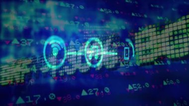 Ortam simgeleri üzerinde veri işleme animasyonu. Küresel iş ve dijital arayüz kavramı dijital olarak oluşturulmuş video.