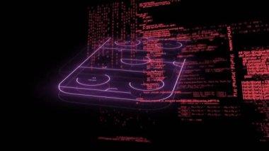 Neon buz hokeyi sahasında veri işleme animasyonu. Küresel spor, rekabet ve veri işleme kavramı dijital olarak oluşturulmuş video.