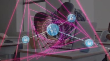 Afrikalı Amerikalı öğrenci ve öğretmen üzerinden bağlantı ağının animasyonu. Eğitimler ve öğrenme konsepti dijital olarak oluşturulmuş video.