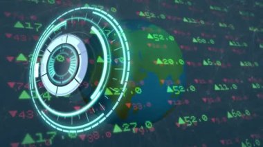 Kapsam taraması ve kürede veri işleme animasyonu. Küresel iş ve dijital arayüz kavramı dijital olarak oluşturulmuş video.