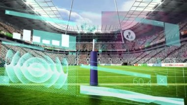 Spor stadyumunda veri işleme animasyonu. Spor rekabeti ve veri işleme kavramı dijital olarak oluşturulmuş video.