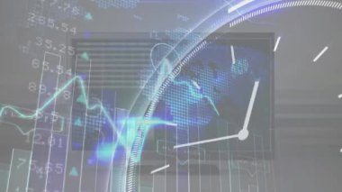 Dijital saatin animasyonu, grafikli harita ve borsa ve harita üzerinde konuşma balonu. Dijital olarak üretilen hologram, zaman, finans, rapor, borsa, iş ve teknoloji kavramı.