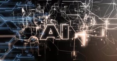 Hareket eden şekiller üzerinde ai metin animasyonu. Küresel iş ve dijital arayüz kavramı dijital olarak oluşturulmuş video.