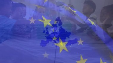 Çeşitli gönüllülerin atığı ayırması üzerine bayrağın canlandırılması. Küresel vatanseverlik ve dijital arayüz kavramı dijital olarak oluşturulmuş video.