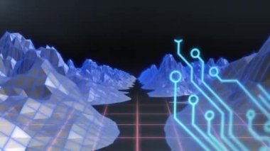 Siyah arka planda dijital dağların üzerindeki bilgisayar devre kartının animasyonu. Küresel teknoloji ve dijital arayüz konsepti dijital olarak oluşturulmuş video.