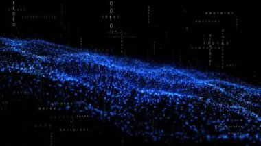 Dijital arayüz animasyonları ve koyu arkaplanda mavi dalga. Küresel veri işleme ve bağlantı konsepti dijital video oluşturuldu.