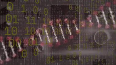 Bilgisayar panosundaki veri işleme ve DNA ipliklerinin animasyonu. Küresel teknoloji ve dijital arayüz konsepti dijital olarak oluşturulmuş video.