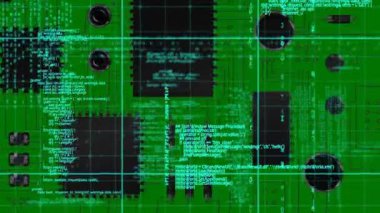 Bilgisayar panosunun üzerinde veri işleme animasyonu. Küresel teknoloji ve dijital arayüz konsepti dijital olarak oluşturulmuş video.