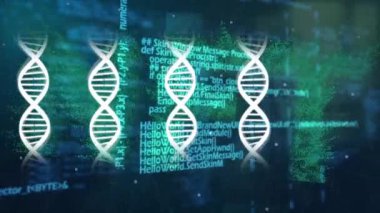 DNA iplikçiklerinin üzerinde veri işleme animasyonu. Küresel iş ve dijital arayüz kavramı dijital olarak oluşturulmuş video.