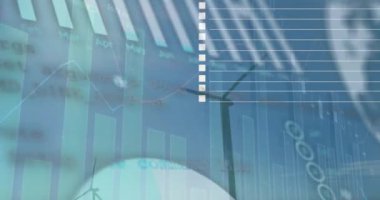 Rüzgar türbini üzerinde veri işleme animasyonu. Küresel iş ve dijital arayüz kavramı dijital olarak oluşturulmuş video.