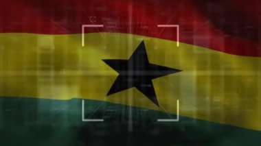 Gana bayrağı üzerinde veri işleme animasyonu. Küresel vatanseverlik ve dijital arayüz kavramı dijital olarak oluşturulmuş video.