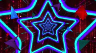 Mavi yıldızların üzerine düşen şekillerin animasyonu. Renk, enerji, şekiller ve hareket kavramı dijital video oluşturuldu.