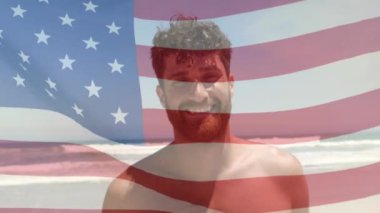 Mutlu Kafkas erkekleri üzerinde dalgalı Amerikan bayrağının canlandırılması. Amerikan vatanseverliği kavramı dijital video üretimi.