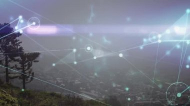 Animation of network of connections over cityscape. Global business and digital interface concept digitally generated video.