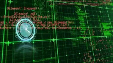 Şebekedeki veri işleme üzerinde çalışan saatin animasyonu. Dijital olarak oluşturulmuş küresel bilgisayar ve veri işleme kavramı.