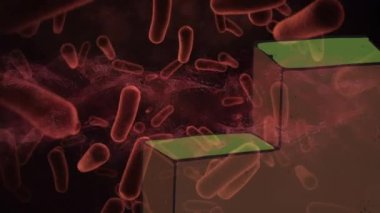 Virüs hücrelerinin üzerindeki şekillerin animasyonu. Dijital olarak oluşturulmuş küresel salgın ve dijital arayüz kavramı.