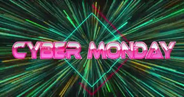 Pazartesi siber metninin animasyonu siyah arkaplanda ışık izlerinin üzerinde. Sosyal medya ve dijital arayüz konsepti dijital olarak oluşturulmuş video.