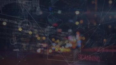 Şehir manzarası üzerindeki bağlantı ağının animasyonu. küresel iş ve dijital arayüz kavramı dijital olarak oluşturulmuş video.