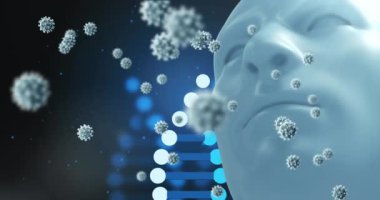 Düşen hücrelerin animasyonu ve insan kafası üzerindeki DNA iplikçikleri koyu arkaplanda 3D model. Genel covid 19 salgın konsepti dijital video oluşturuldu.