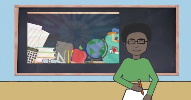 Анимация Школьных Икон Над Иконой Ученика Концепция Глобального Образования Цифрового — стоковое видео
