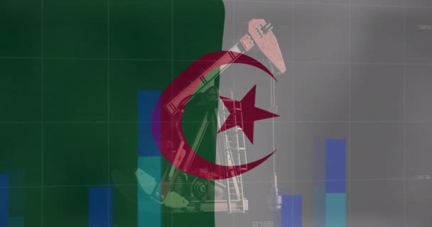 Animação Processamento Dados Financeiros Bandeira Algeria Sobre Bomba Óleo Conceito — Vídeo de Stock