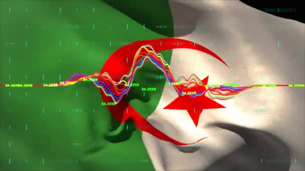 Κινούμενα Σχέδια Επεξεργασίας Δεδομένων Πάνω Από Σημαία Της Αλγερίας Παγκόσμια — Αρχείο Βίντεο