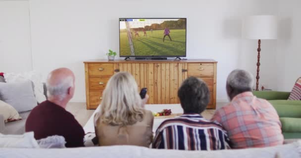 Diverse Senioren Paare Vor Dem Fernseher Mit Verschiedenen Männlichen Fußballspielern — Stockvideo