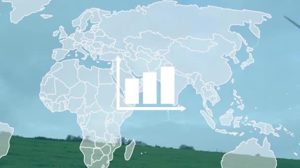 Animação Gráfico Barras Sobre Mapa Mundo Contra Moinho Vento Girando — Vídeo de Stock