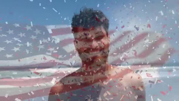 Animáció Hullámos Usa Zászló Felett Boldog Kaukázusi Férfiak Amerikai Patriotizmus — Stock videók