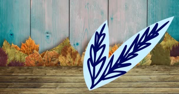 Animation Leaves Leaf Drawing Wooden Background Thanksgiving Day Celebration Concept — Stock Video