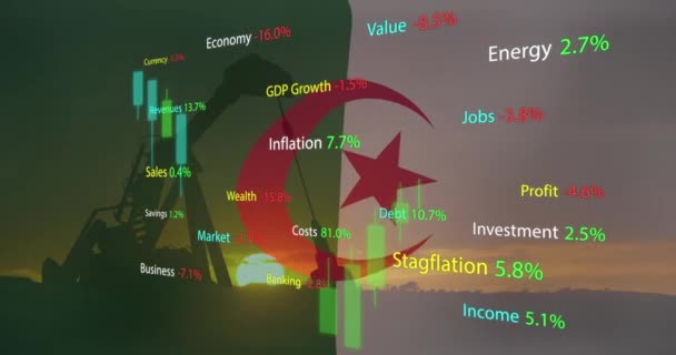 Animatie Van Financiële Gegevensverwerking Vlag Van Algeria Boven Oliepomp Wereldwijd — Stockvideo