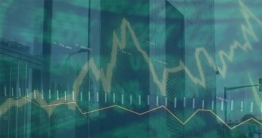 Binaların üzerinde veri işleme görüntüsü. Küresel iş, finans ve dijital arayüz kavramı dijital olarak oluşturulmuş görüntü.