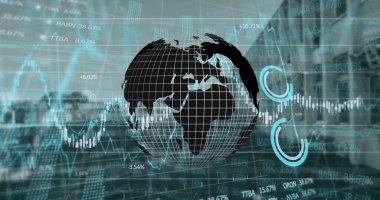 Elinde vr kulaklıkla veri işleme üzerinde dönen dünya görüntüsü. Mali ekonomi tıbbı sağlık ve teknoloji konsepti dijital olarak oluşturulmuş imaj.