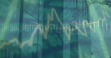 Binaların üzerinde veri işleme görüntüsü. Küresel iş, finans ve dijital arayüz kavramı dijital olarak oluşturulmuş görüntü.