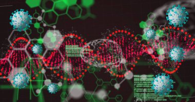 Veri işleme üzerinde virüs hücrelerinin görüntüsü. Küresel tıp ve dijital arayüz kavramı dijital olarak oluşturulmuş görüntü.
