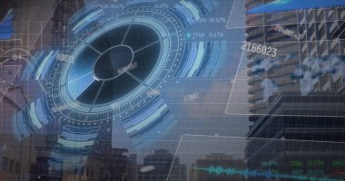 Şehir manzarası üzerinde veri işleme resmi. küresel iş ve dijital arayüz kavramı dijital olarak oluşturulmuş görüntü.