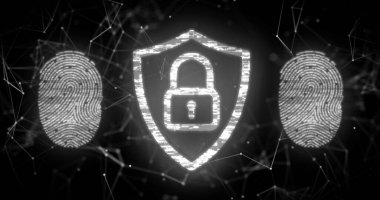 Beyaz asma kilit resmi ve iki dijital parmak izi, veri işleme ve arkaplandaki bağlantı ağıyla dijital arayüz. Çevrimiçi güvenlik kavramı dijital olarak oluşturulmuş görüntü.
