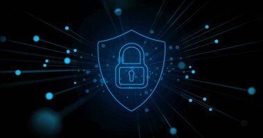 Siyah arkaplanda mavi asma kilit çevrimiçi güvenlik simgesi veri işleme ve dijital arayüz resmi. Çevrimiçi güvenlik kavramı dijital olarak oluşturulmuş görüntü.